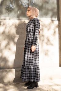 Modalamelif Bel Lastikli Ekose Elbise Siyah Gri