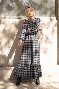 Modalamelif Bel Lastikli Ekose Elbise Siyah Gri