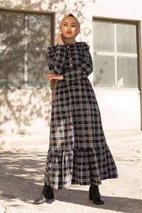 Modalamelif Bel Lastikli Ekose Elbise Siyah Vizonrengi