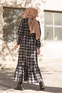 Modalamelif Bel Lastikli Ekose Elbise Siyah Vizonrengi