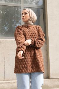 Modalamelif Bisiklet Yaka Jakarlı Tunik Soft Kahve