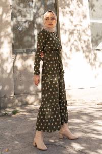 Modalamelif Bisiklet Yaka Kuşaklı Puantiye Elbise Haki