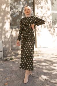 Modalamelif Bisiklet Yaka Kuşaklı Puantiye Elbise Haki