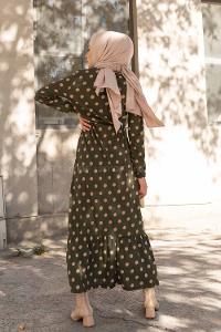 Modalamelif Bisiklet Yaka Kuşaklı Puantiye Elbise Haki