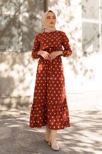 Modalamelif Bisiklet Yaka Kuşaklı Puantiye Elbise Kiremit