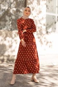 Modalamelif Bisiklet Yaka Kuşaklı Puantiye Elbise Kiremit