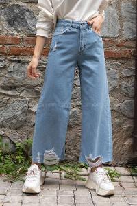 Modalamelif Bol Paça Yırtıklı Kot Pantolon Açık Mavi