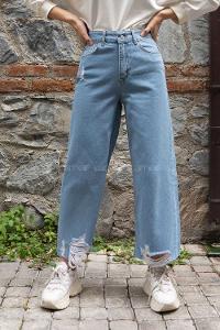 Modalamelif Bol Paça Yırtıklı Kot Pantolon Açık Mavi