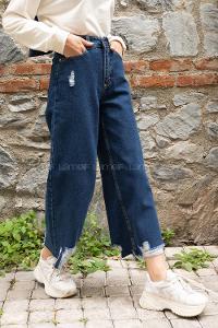 Modalamelif Bol Paça Yırtıklı Kot Pantolon Koyu Mavi