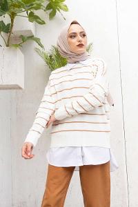 Modalamelif Düşük Kol Çizgili Kazak Ekru Bej