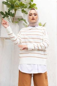 Modalamelif Düşük Kol Çizgili Kazak Ekru Bej