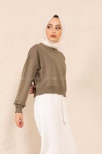 Modalamelif Düz Renk Crop Sweatshirt Haki