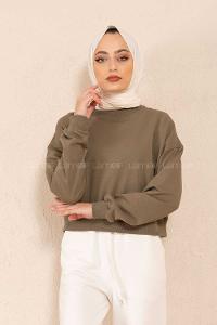 Modalamelif Düz Renk Crop Sweatshirt Haki