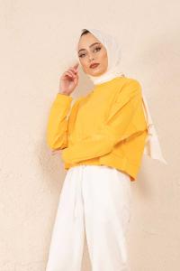 Modalamelif Düz Renk Crop Sweatshirt Hardal Sarısı