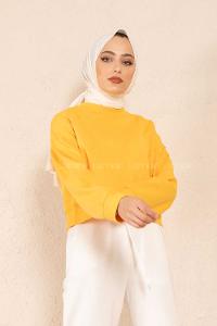 Modalamelif Düz Renk Crop Sweatshirt Hardal Sarısı