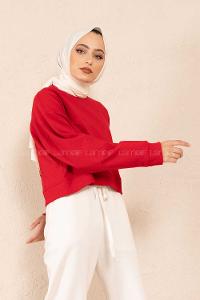 Modalamelif Düz Renk Crop Sweatshirt Kırmızı
