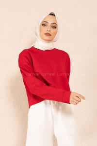 Modalamelif Düz Renk Crop Sweatshirt Kırmızı