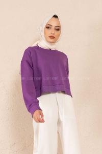 Modalamelif Düz Renk Crop Sweatshirt Mor