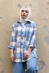 Modalamelif Kanguru Cep Ekose Gömlek Açık Mavi