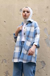 Modalamelif Kanguru Cep Ekose Gömlek Açık Mavi