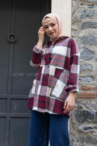 Modalamelif Kanguru Cep Ekose Gömlek Ekru Bordo