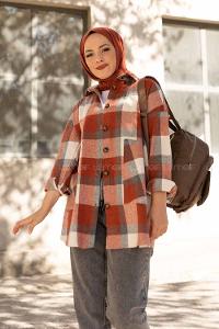 Modalamelif Kanguru Cep Ekose Gömlek Ekru Kiremit