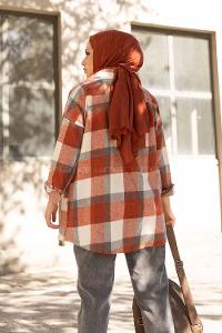 Modalamelif Kanguru Cep Ekose Gömlek Ekru Kiremit