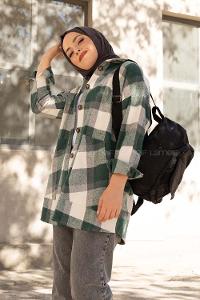 Modalamelif Kanguru Cep Ekose Gömlek Ekru Yeşil