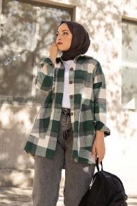 Modalamelif Kanguru Cep Ekose Gömlek Ekru Yeşil