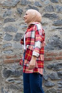 Modalamelif Kanguru Cep Ekose Gömlek Kırmızı Hardal