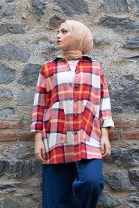 Modalamelif Kanguru Cep Ekose Gömlek Kırmızı Hardal