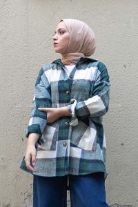 Modalamelif Kanguru Cep Ekose Gömlek Yeşil İndigo