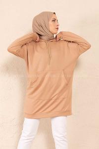 Modalamelif Kanguru Cep Kapşonlu Tunik Sütlü Kahve