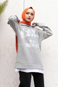 Modalamelif Kapşonlu Army Baskılı Sweatshirt Gri