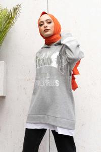 Modalamelif Kapşonlu Army Baskılı Sweatshirt Gri