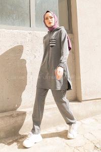 Modalamelif Kol Sim Şeritli İkili Takım Füme