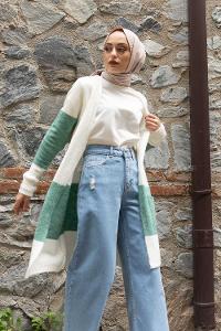 Modalamelif Körük Cep İki Renkli Triko Hırka Ekru Çağla