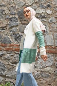 Modalamelif Körük Cep İki Renkli Triko Hırka Ekru Çağla