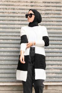 Modalamelif Körük Cep İki Renkli Triko Hırka Ekru Siyah