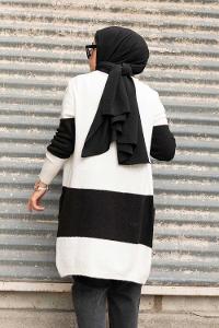 Modalamelif Körük Cep İki Renkli Triko Hırka Ekru Siyah