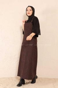 Modalamelif Önü Cepli Ekose Slopet Elbise Kiremit