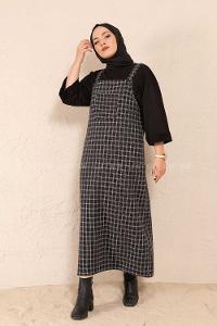 Modalamelif Önü Cepli Ekose Slopet Elbise Siyah