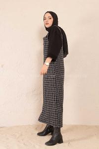 Modalamelif Önü Cepli Ekose Slopet Elbise Siyah