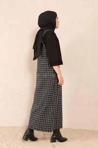 Modalamelif Önü Cepli Ekose Slopet Elbise Siyah