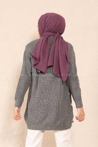 Modalamelif Önü Düğmeli Uzun Triko Hırka Gri