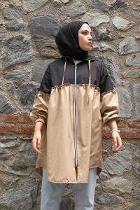 Modalamelif Önü Fermuarlı İki Renkli Kap Siyah Bej