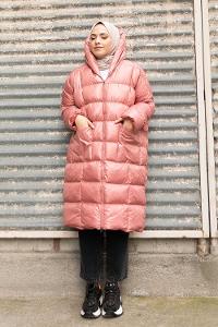 Modalamelif Önü Fermuarlı Kapşonlu Şişme Mont Pembe