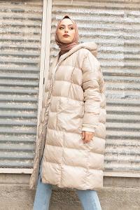 Modalamelif Önü Fermuarlı Kapşonlu Şişme Mont Taş