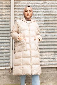 Modalamelif Önü Fermuarlı Kapşonlu Şişme Mont Taş