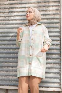 Modalamelif Önü Tahta Düğmeli Körük Cepli Gömlek Mint Yeşili